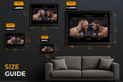Size guide showing framed sports art of Conor McGregor and Khabib Nurmagomedov in No Escape rivalry across dimensions.