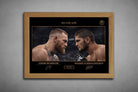 An oak frame showcases No Escape artwork of UFC legends Conor McGregor and Khabib Nurmagomedov, premium sports collectibles.