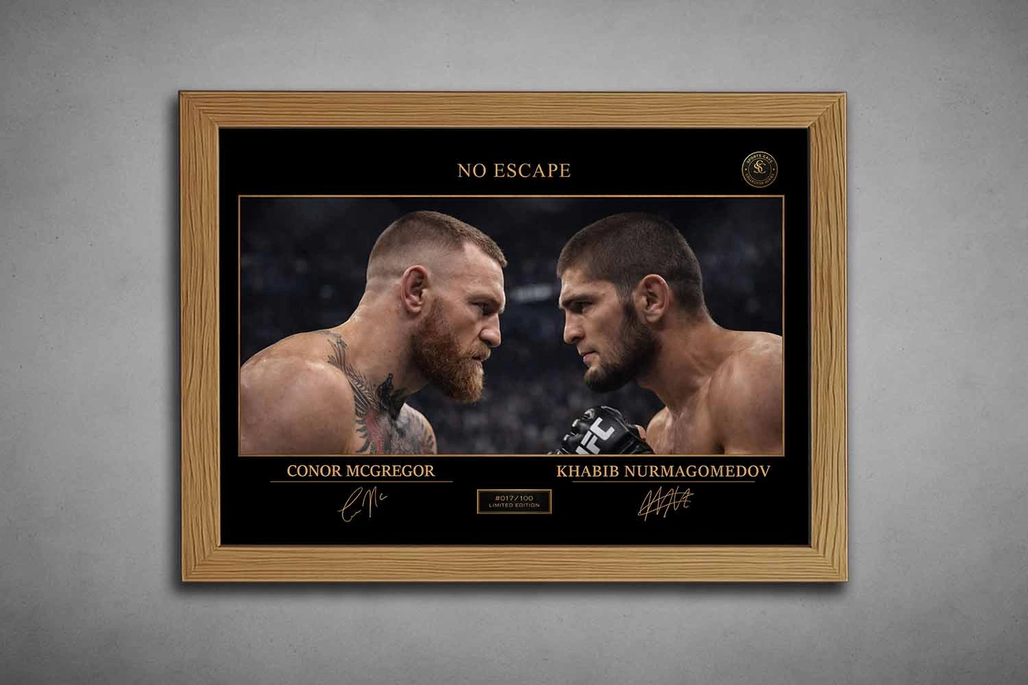 An oak frame showcases No Escape artwork of UFC legends Conor McGregor and Khabib Nurmagomedov, premium sports collectibles.