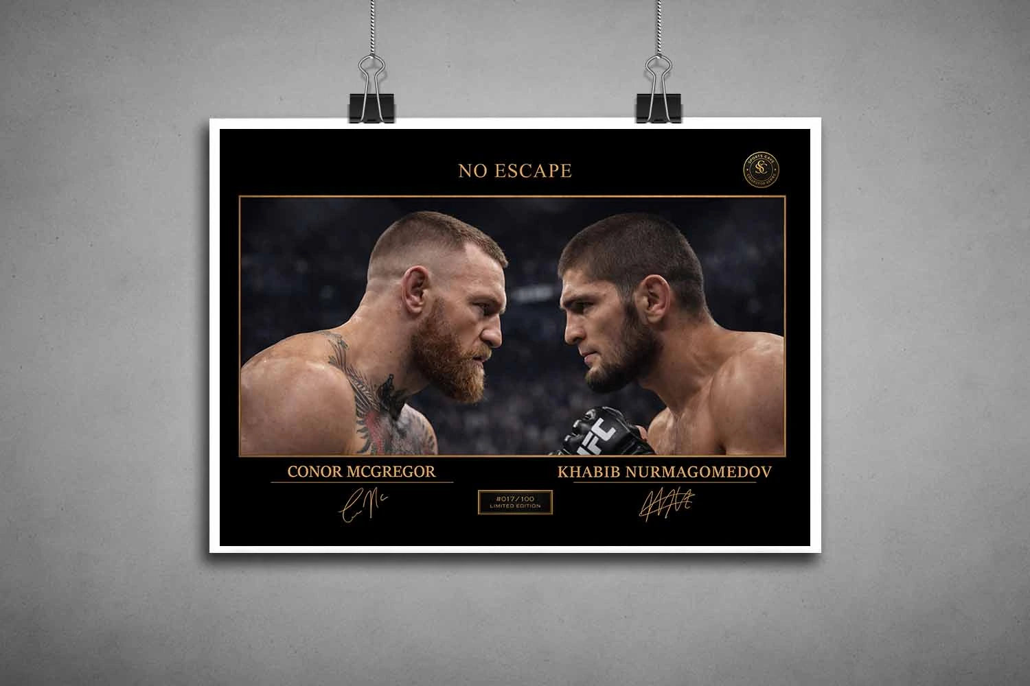Unframed No Escape artwork of Conor McGregor and Khabib Nurmagomedov, limited edition sports prints for UFC collectors.