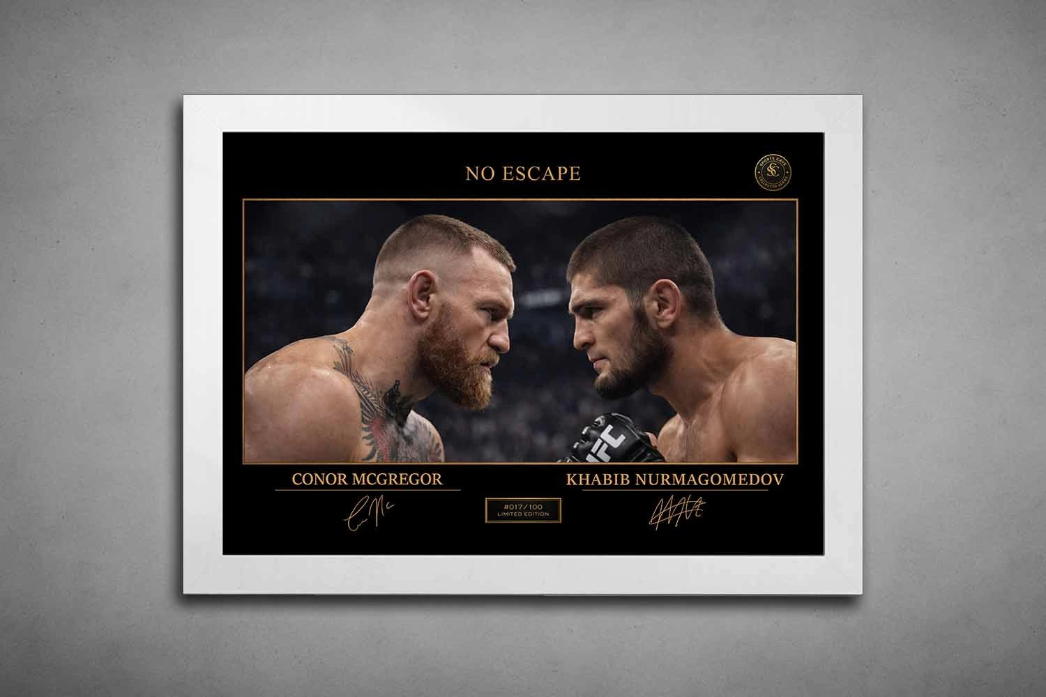 White frame presentation of No Escape rivalry featuring Conor McGregor and Khabib Nurmagomedov, framed sports art for display.