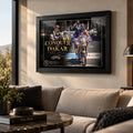 Toby Price motorsport wall art displayed in a bright living room above a neutral sofa.