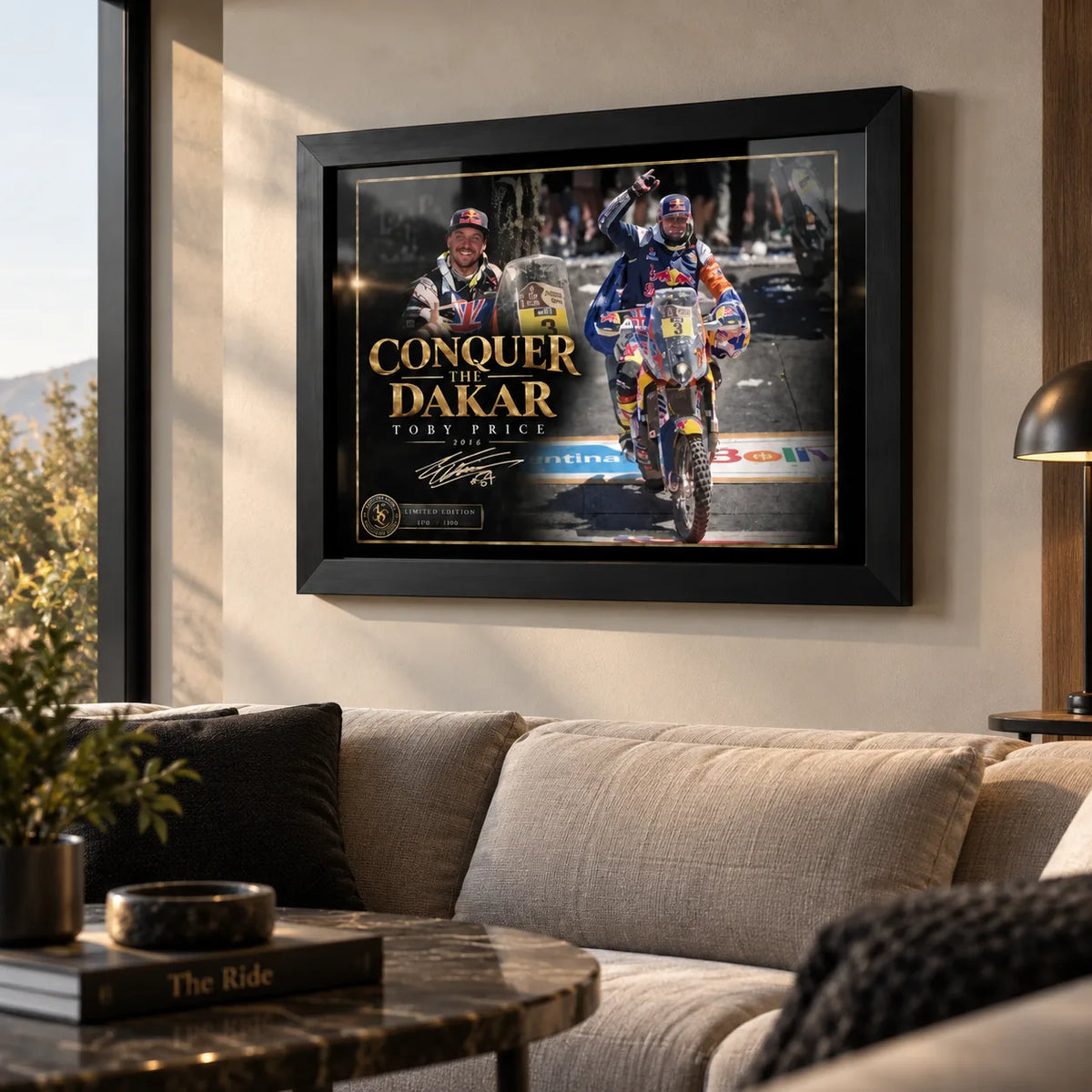 Toby Price motorsport wall art displayed in a bright living room above a neutral sofa.