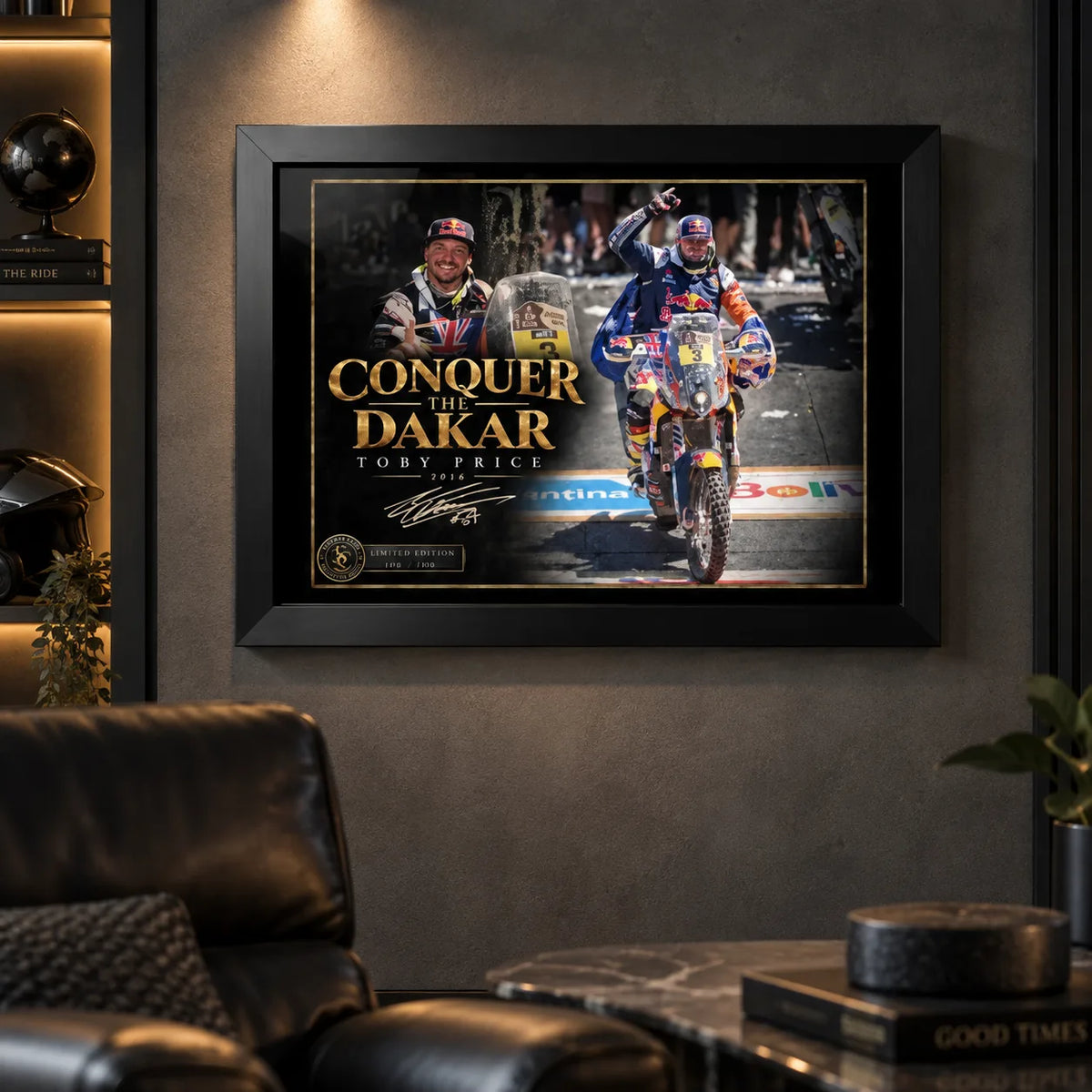 Toby Price Conquer The Dakar wall art displayed in a dark man cave with warm lighting and motorsport styling.
