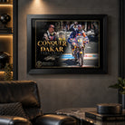 Toby Price Conquer The Dakar wall art displayed in a dark man cave with warm lighting and motorsport styling.