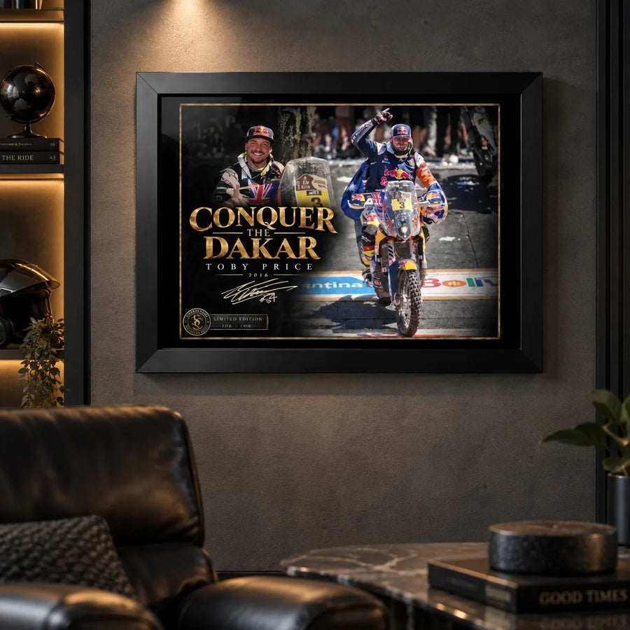 Toby Price Conquer The Dakar wall art displayed in a dark man cave with warm lighting and motorsport styling.