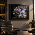 Toby Price Dakar wall art displayed in a modern office above a desk with warm ambient lighting.