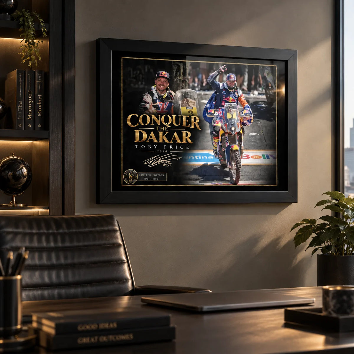 Toby Price Dakar wall art displayed in a modern office above a desk with warm ambient lighting.