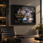 Toby Price Dakar wall art displayed in a modern office above a desk with warm ambient lighting.