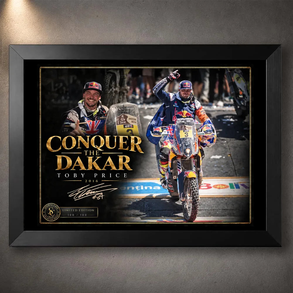 Black framed Toby Price wall art featuring the Conquer The Dakar motorsport design for a collector display.