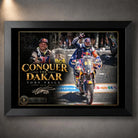 Black framed Toby Price wall art featuring the Conquer The Dakar motorsport design for a collector display.