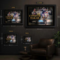 Toby Price Conquer The Dakar wall art size guide showing Small, Medium, Large and X Large framed dimensions.
