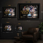 Toby Price Conquer The Dakar wall art size guide showing Small, Medium, Large and X Large framed dimensions.