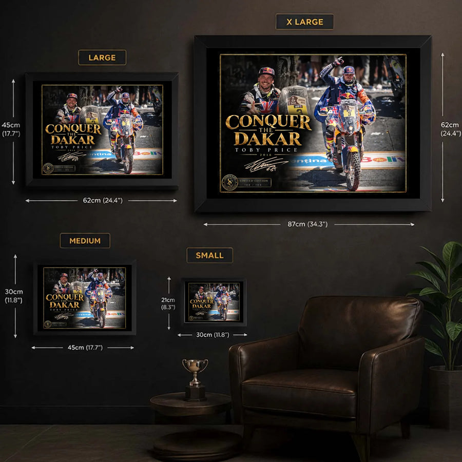 Toby Price Conquer The Dakar wall art size guide showing Small, Medium, Large and X Large framed dimensions.
