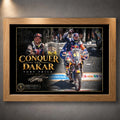 Oak framed Toby Price wall art featuring the Conquer The Dakar motorsport design on a dark wall.