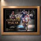 Oak framed Toby Price wall art featuring the Conquer The Dakar motorsport design on a dark wall.