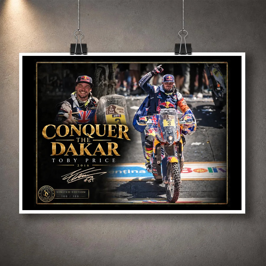 Unframed Toby Price wall art design featuring the Conquer The Dakar motorsport tribute for rally fans.