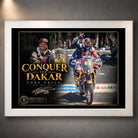 White framed Toby Price wall art featuring the Conquer The Dakar motorsport design on a dark wall.