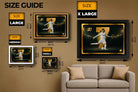 Size guide for framed CR7 wall art — limited edition sports prints available in small, medium, large, and extra-large sizes for premium man cave décor.