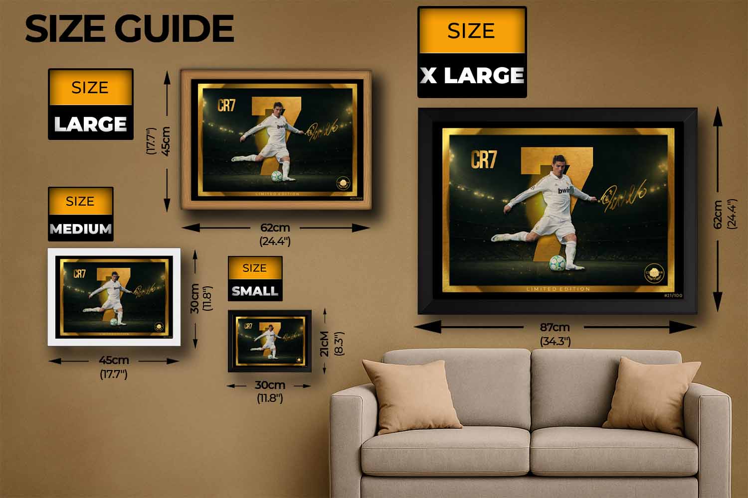 Size guide for framed CR7 wall art — limited edition sports prints available in small, medium, large, and extra-large sizes for premium man cave décor.