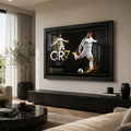 Black-framed Cristiano Ronaldo CR7 soccer wall art displayed above a dark console in a bright modern living room.