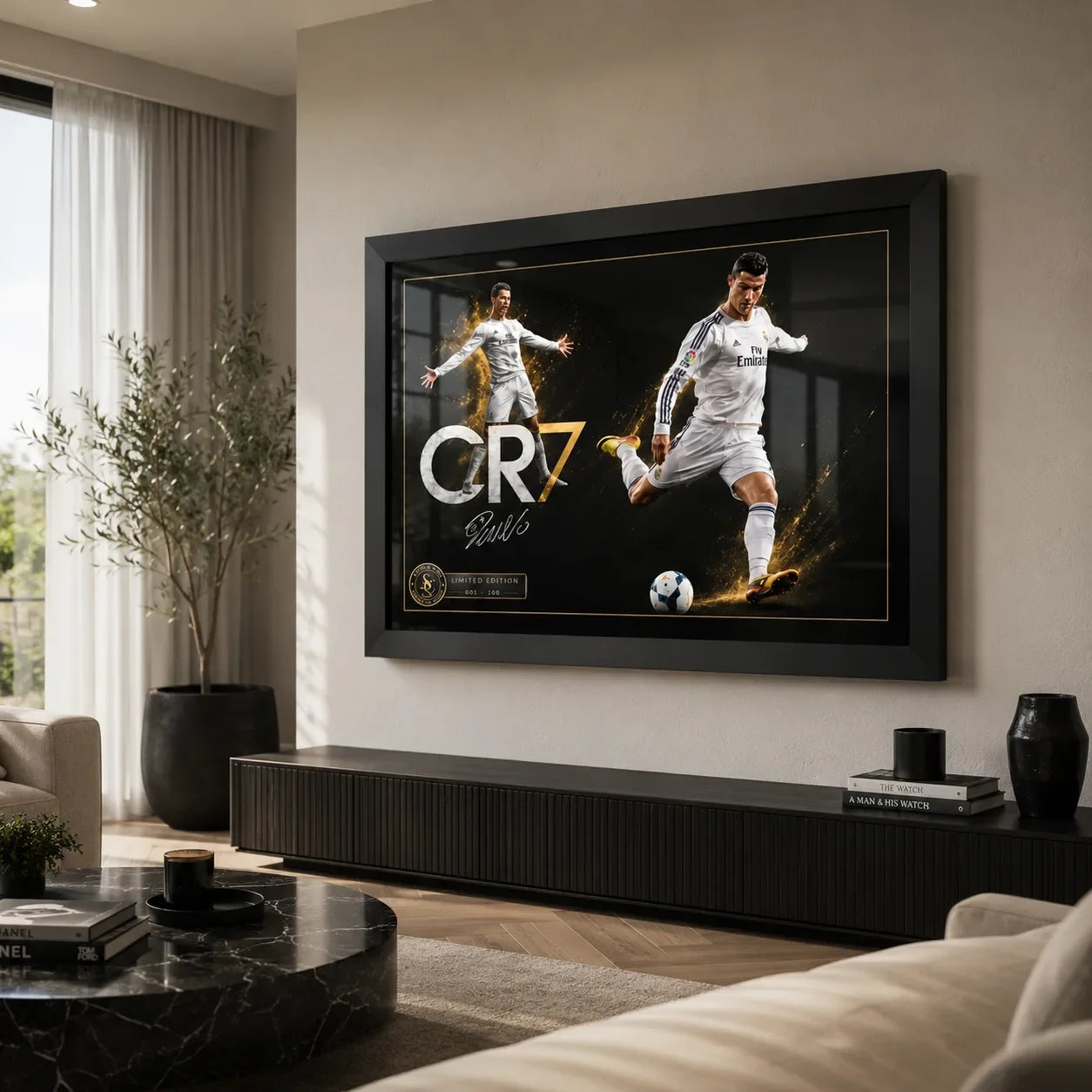 Black-framed Cristiano Ronaldo CR7 soccer wall art displayed above a dark console in a bright modern living room.