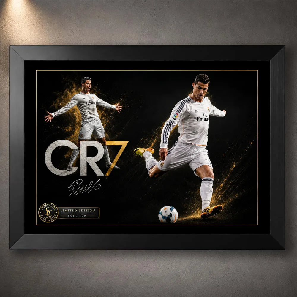Cristiano Ronaldo CR7 soccer wall art displayed in a black frame against a softly lit textured grey wall.
