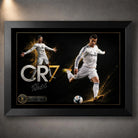 Cristiano Ronaldo CR7 soccer wall art displayed in a black frame against a softly lit textured grey wall.