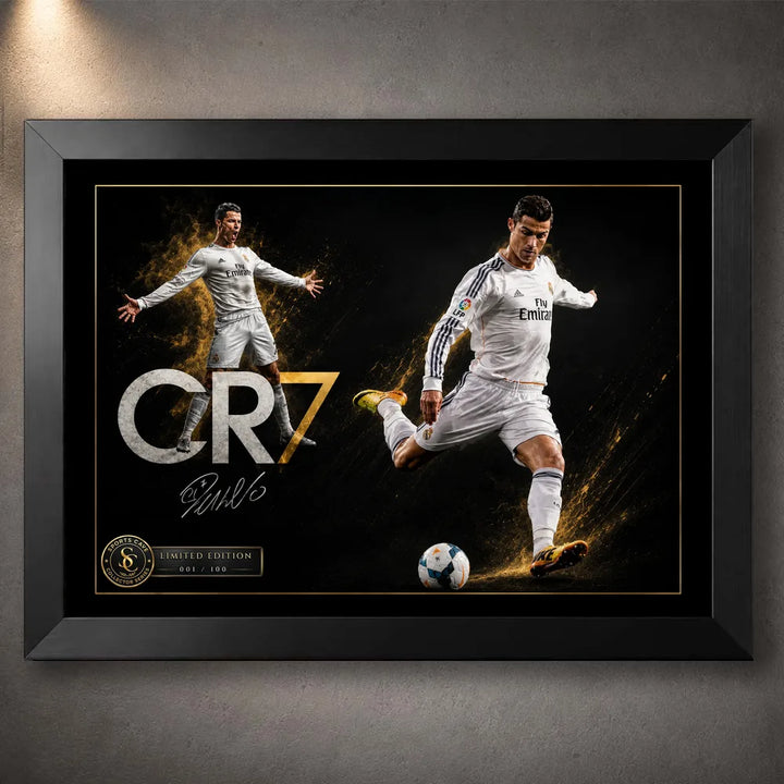 Cristiano Ronaldo CR7 soccer wall art displayed in a black frame against a softly lit textured grey wall.