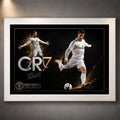 Cristiano Ronaldo CR7 soccer wall art displayed in a clean white frame against a softly lit grey wall.