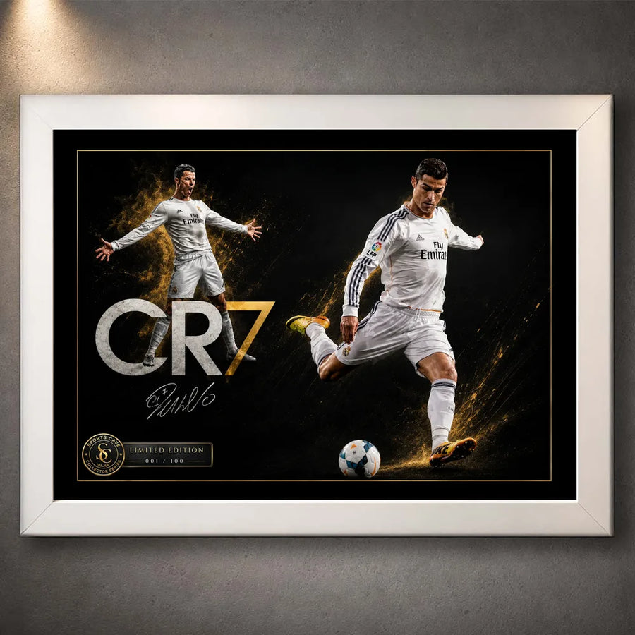 Cristiano Ronaldo CR7 soccer wall art displayed in a clean white frame against a softly lit grey wall.