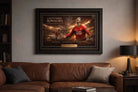 Lifestyle mockup of Cristiano Ronaldo’s framed soccer wall art displayed in a living room, celebrating his Manchester United legacy.
