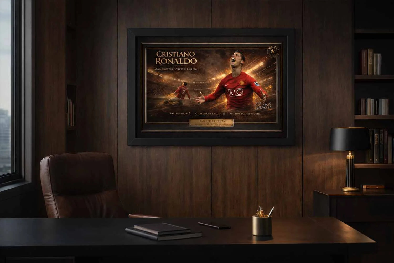 Lifestyle mockup of Cristiano Ronaldo's framed soccer wall art in an office setting, honoring his Manchester United legend.