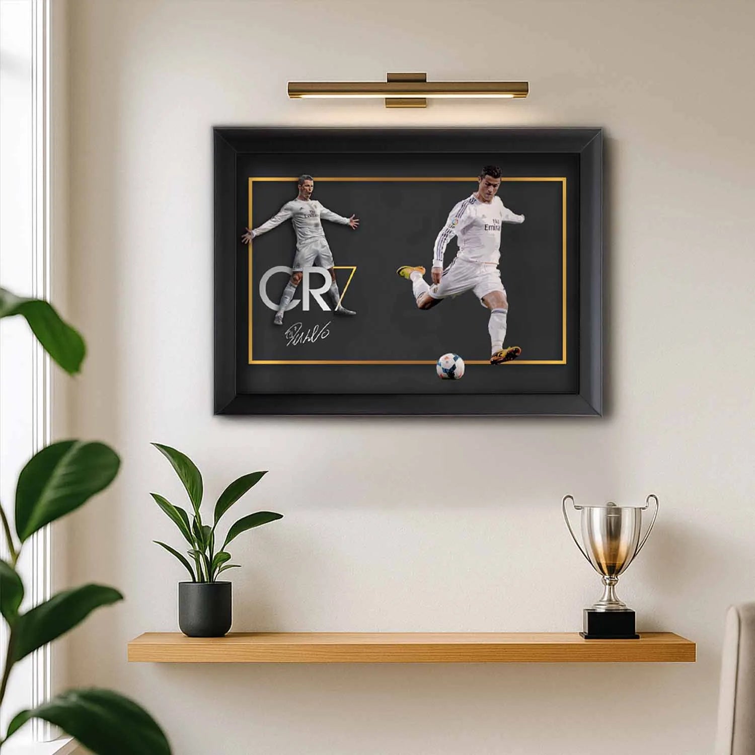 CR7 Cristiano Ronaldo framed artwork styled in a modern man cave display.