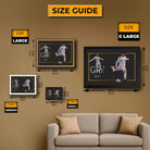 CR7 Ronaldo wall art size guide showing framed sizes from small to extra large.