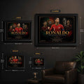 Sports Cave Cristiano Ronaldo soccer wall art size guide displaying small, medium, large, and extra large framed poster dimensions for home, office, and man cave decor.