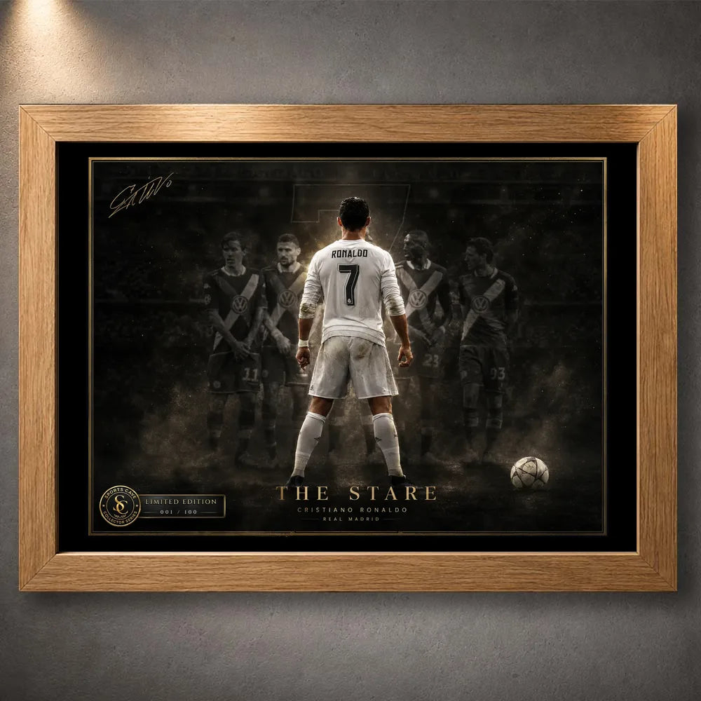 Cristiano Ronaldo Free Kick Wall Art in an oak frame, showing the dark The Stare football artwork