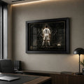 Cristiano Ronaldo framed sports art shown in a modern office with textured wall, desk and warm lighting