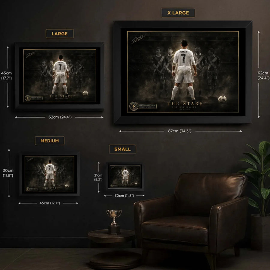 Cristiano Ronaldo Free Kick Wall Art size guide showing small, medium, large and XL framed print dimensions