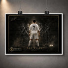 Unframed Cristiano Ronaldo Free Kick Wall Art hanging with clips, showing the dark The Stare football artwork