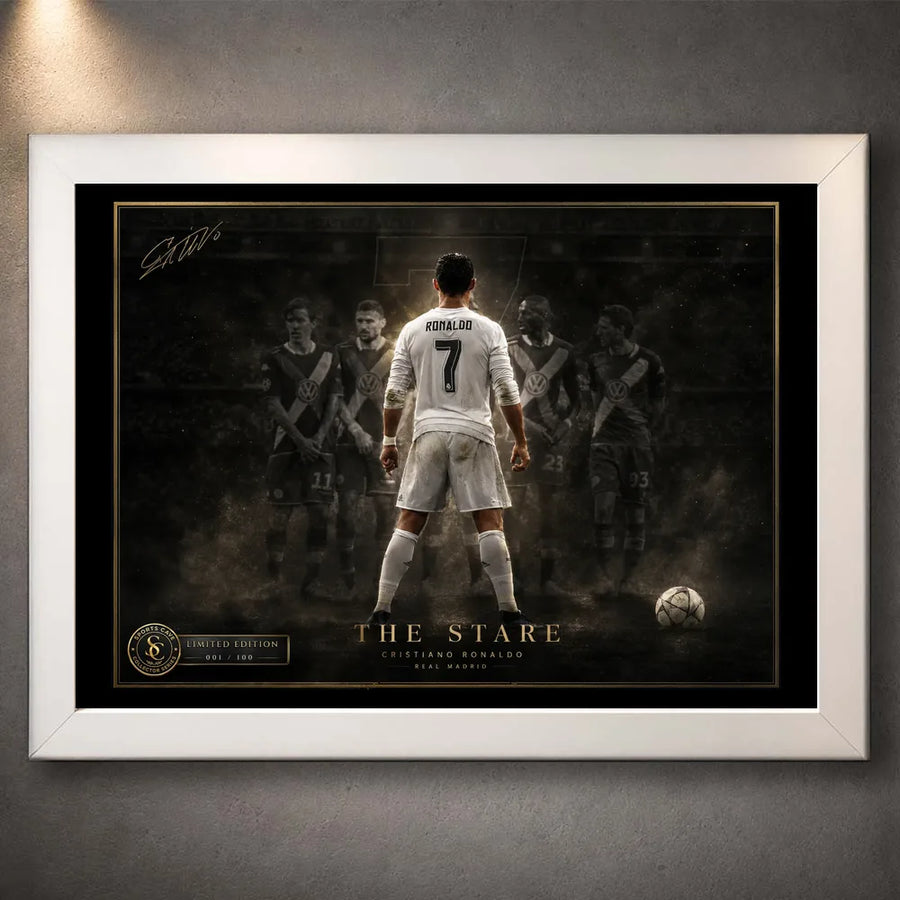 Cristiano Ronaldo Free Kick Wall Art in a white frame, showing the dark The Stare football artwork