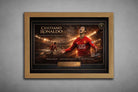 Oak frame mockup of Cristiano Ronaldo's limited edition soccer sports wall art, featuring his iconic Manchester United moment and recognition.
