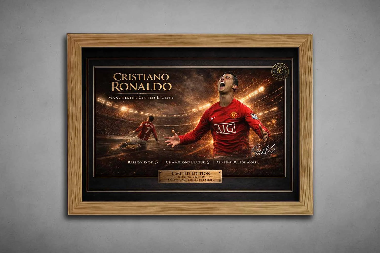 Oak frame mockup of Cristiano Ronaldo's limited edition soccer sports wall art, featuring his iconic Manchester United moment and recognition.