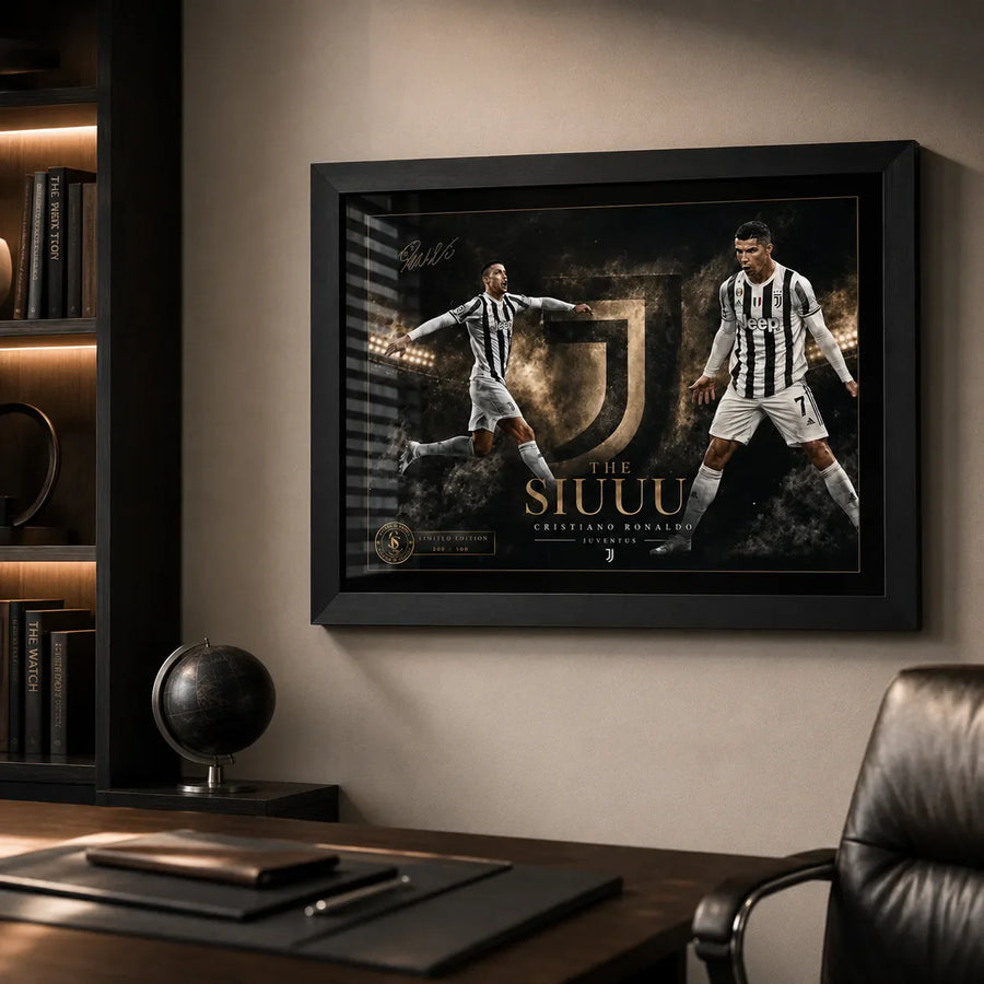 Cristiano Ronaldo Siuuu black framed soccer wall art displayed in a premium office setting