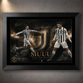 Cristiano Ronaldo Siuuu soccer wall art in a black frame with Juventus-inspired artwork on a textured wall
