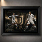 Cristiano Ronaldo Siuuu soccer wall art in a black frame with Juventus-inspired artwork on a textured wall