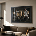 Cristiano Ronaldo Siuuu black framed soccer wall art displayed in a premium living room above a sofa