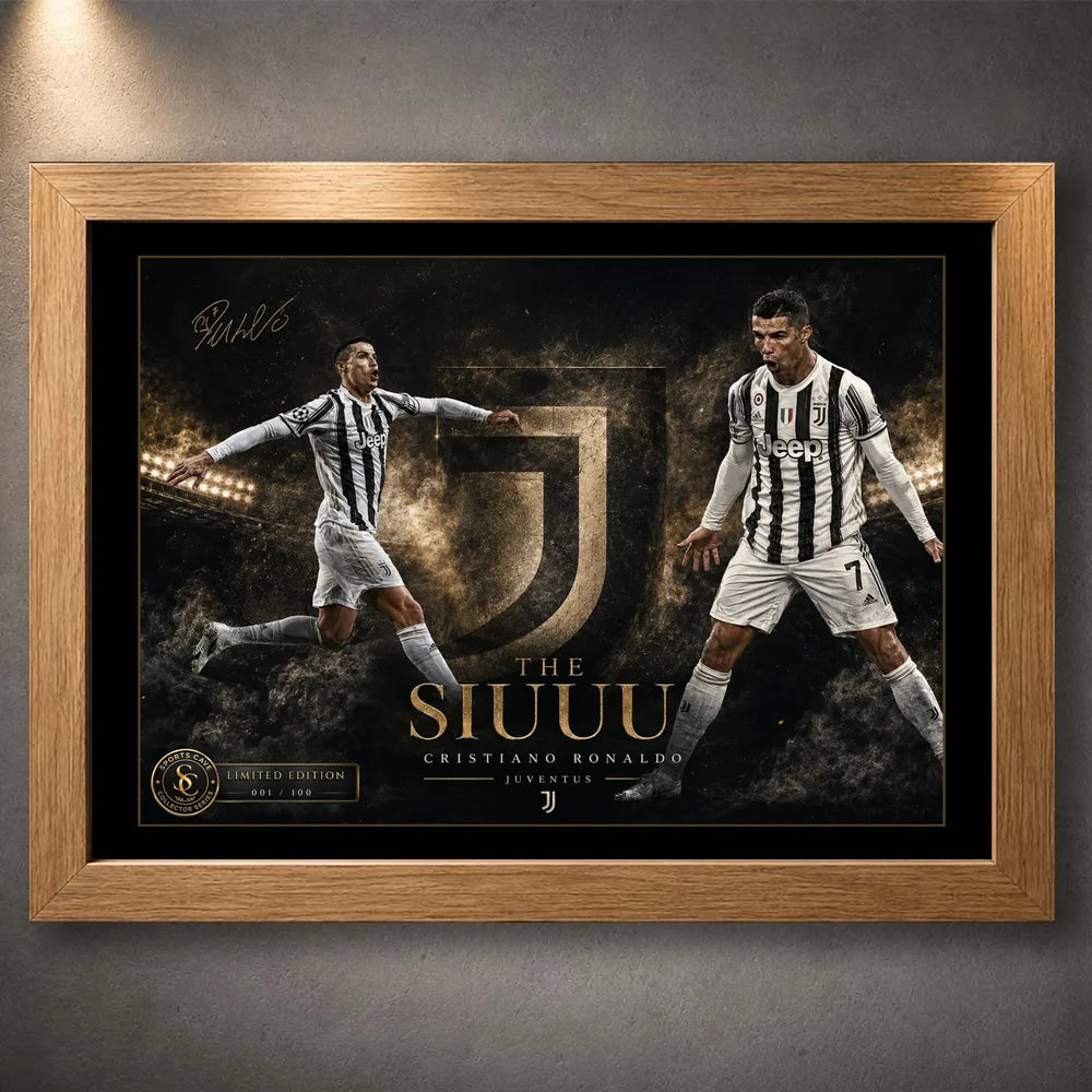 Cristiano Ronaldo Siuuu soccer wall art in an oak frame with Juventus-inspired artwork on a textured wall
