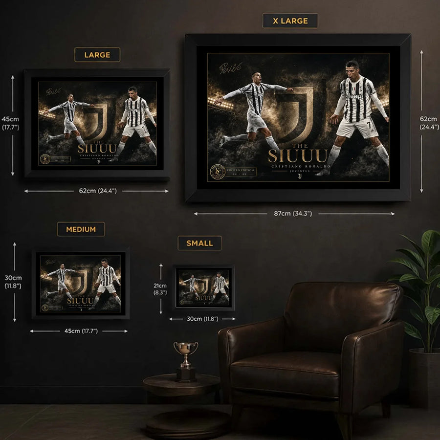 Cristiano Ronaldo Siuuu framed wall art size guide showing S, M, L and XL options in centimetres and inches