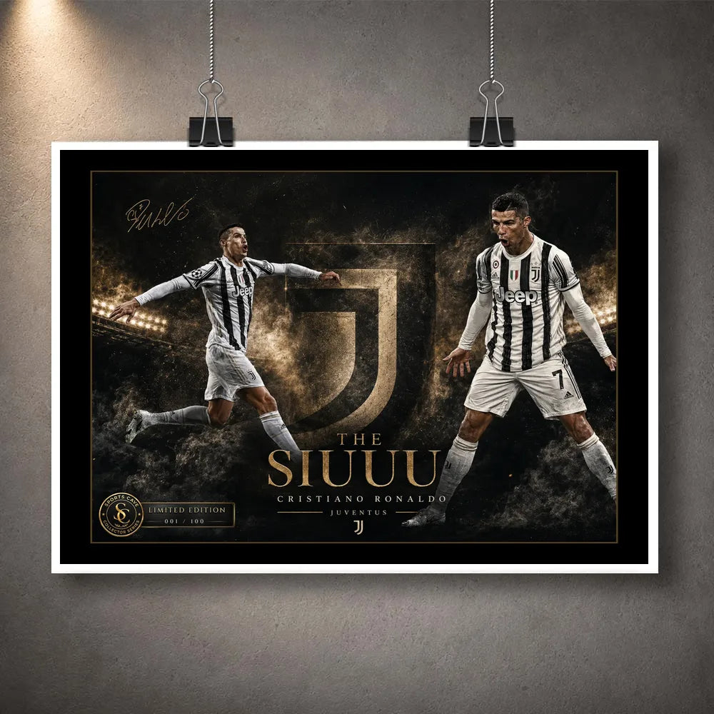 Cristiano Ronaldo Siuuu unframed soccer wall art clipped as a print with white border on a textured wall